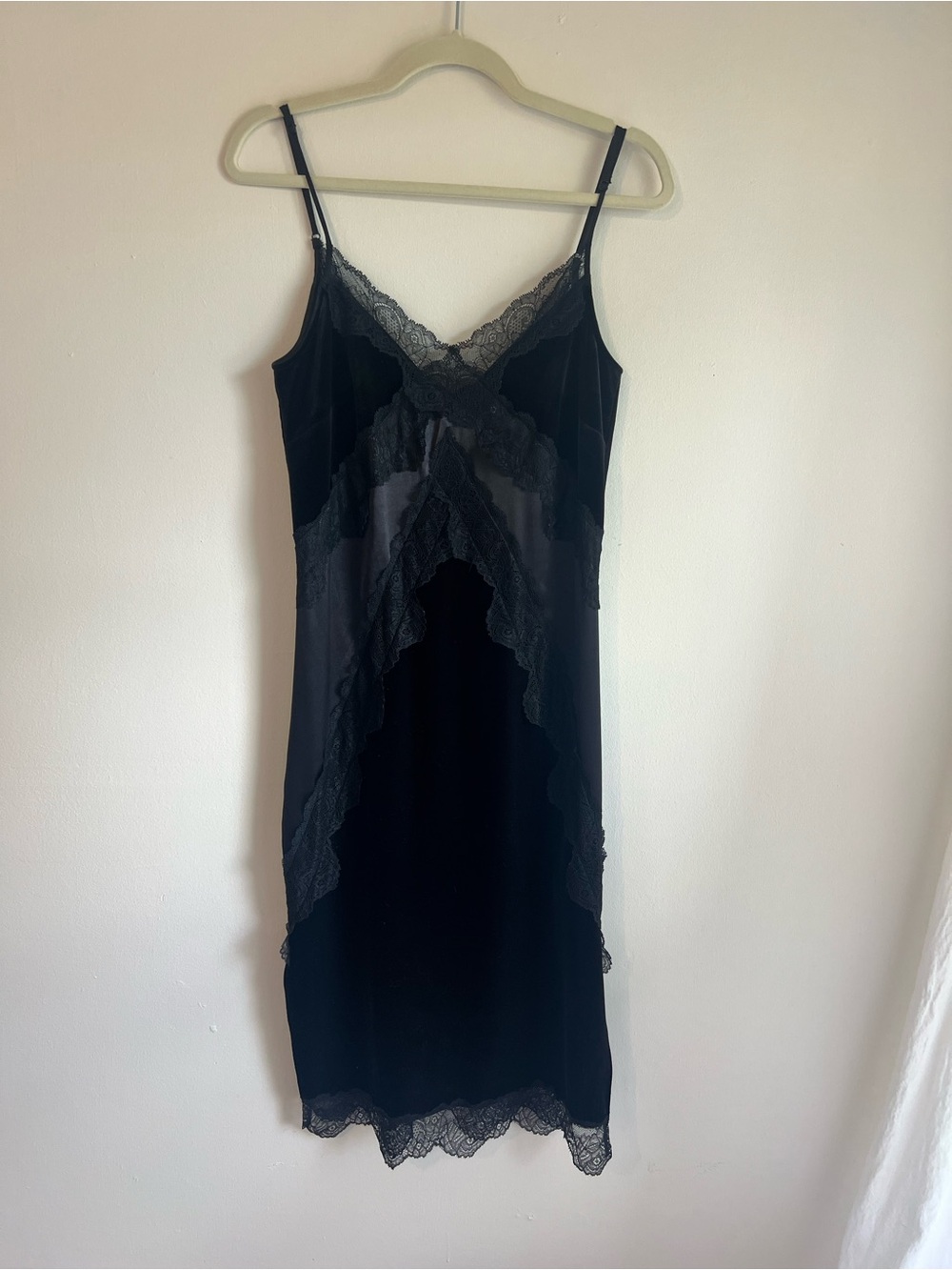 Black Lace Trim Velvet Slip Dress